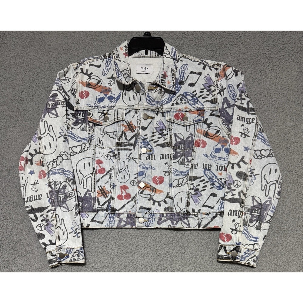 Rue + Graffiti Denim Button Jacket Womens 1X Distressed Punk Rock Grunge